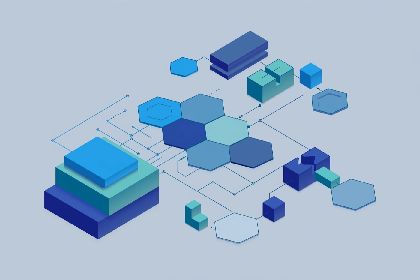 Isometric illustration of modular building blocks and hexagonal tiles connected together, representing a SaaS technology stack