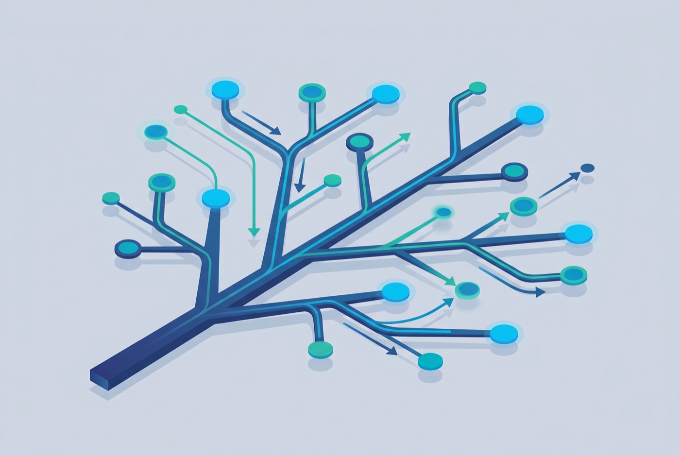 Abstract branching tree diagram with nodes and directional arrows, illustrating Git branching strategies