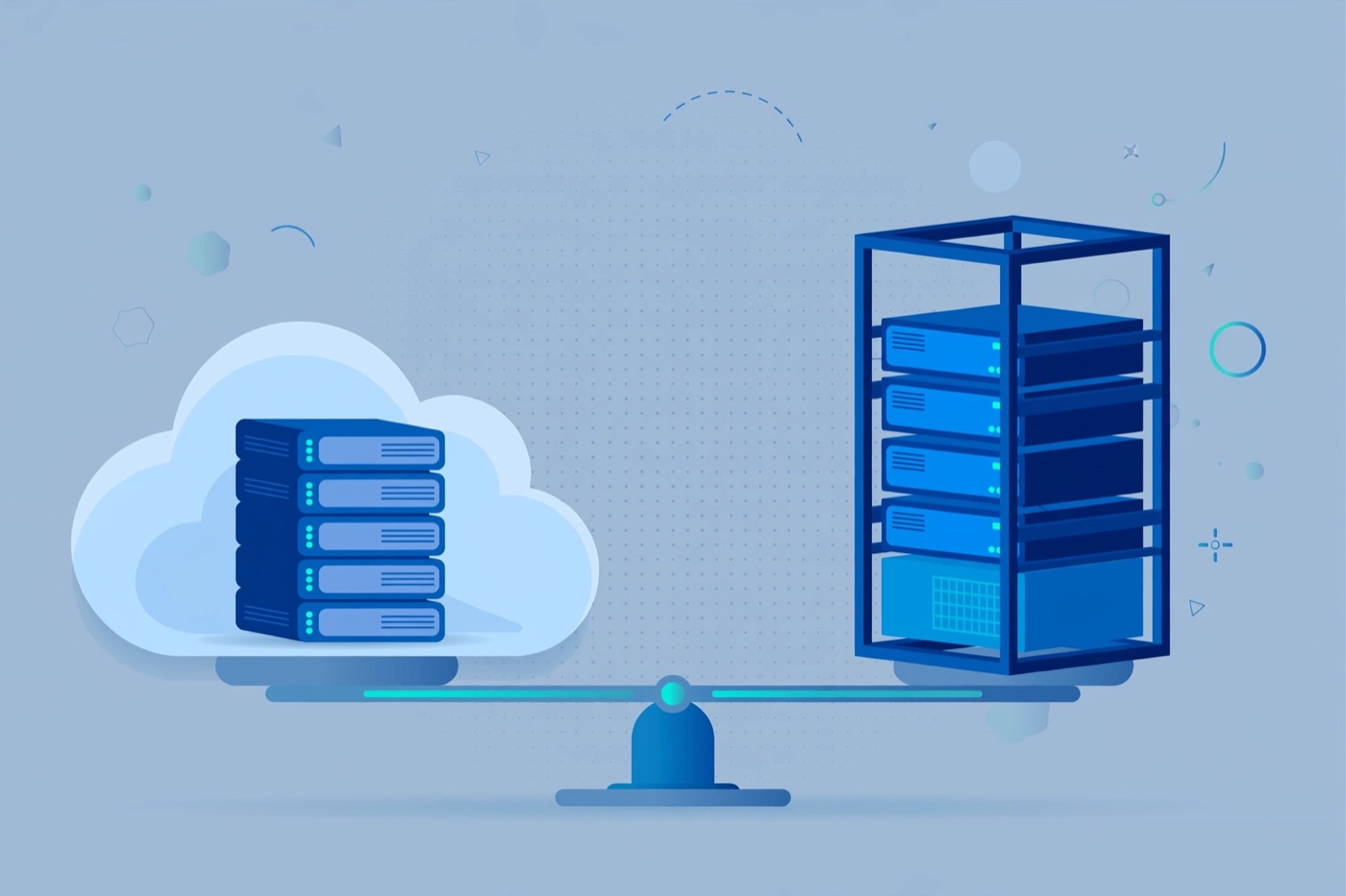 Flat illustration comparing a managed cloud server and a self-hosted physical server side by side