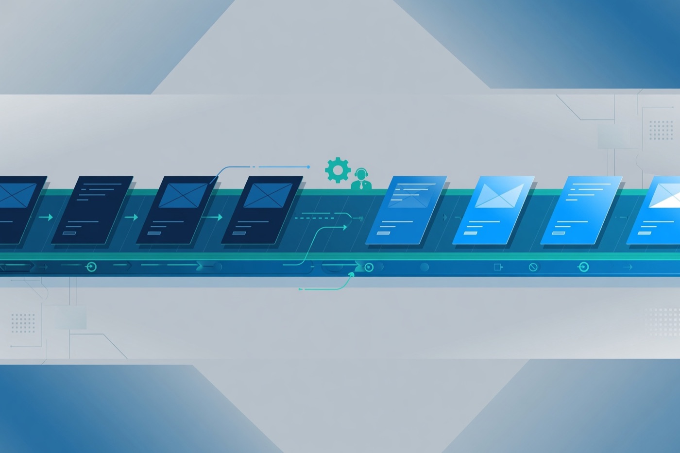 Flat pipeline of task cards moving along a conveyor belt, representing background job queues