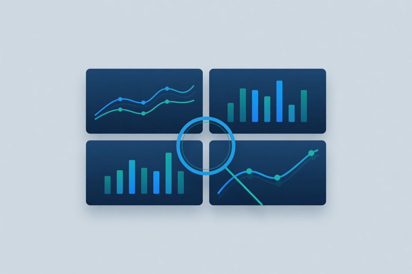 Abstract monitoring dashboard with line and bar charts and a magnifying glass, representing logging and observability