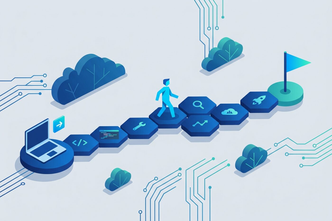 Flat illustration of a seven-tile pathway leading from a laptop to a flag with a small figure walking along it, representing onboarding an engineer in a week