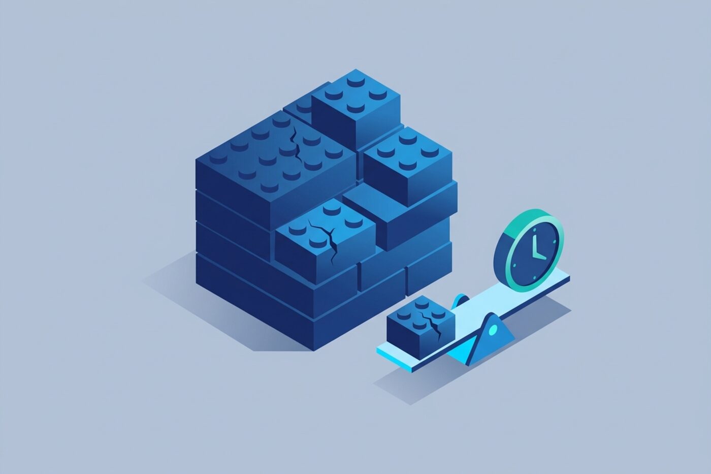 Flat illustration of a stack of building blocks with a few cracked ones and a balance scale weighing a block against a clock, representing technical debt trade-offs