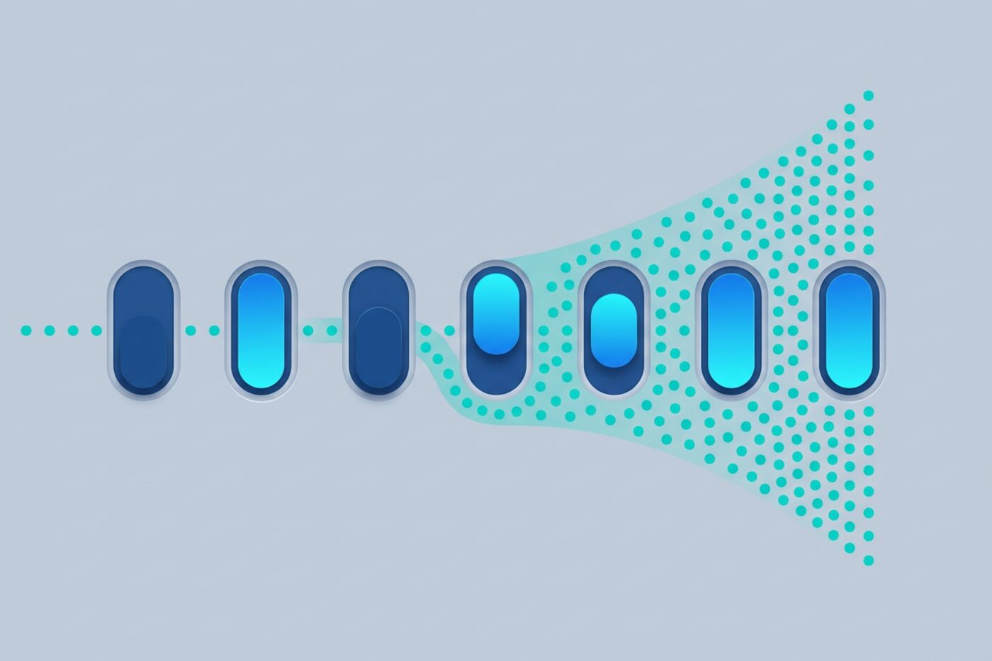 Flat illustration of a row of toggle switches at different positions with user dots flowing through the active ones, representing feature flags and gradual rollouts