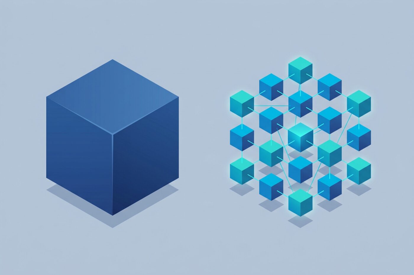 Flat illustration of one large solid cube beside the same volume split into smaller connected cubes, representing the monolith versus services choice