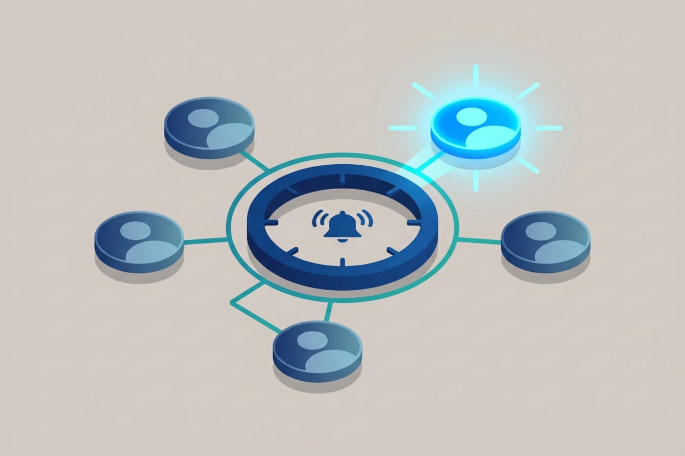 Flat illustration of five avatar nodes arranged around a rotating dial with one node highlighted, representing an on-call rotation in a small team